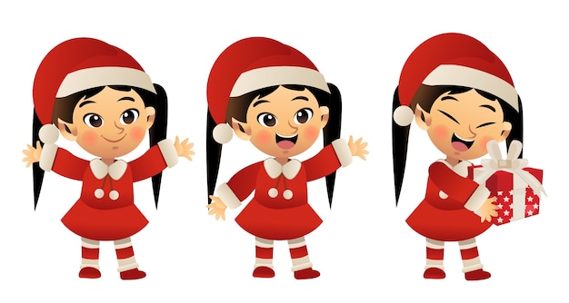 Set of cute little girl in red christmas costume