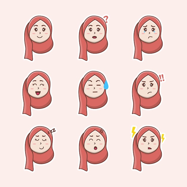 Set Of Cute little Hijab Girls expression little Girl face expression Vector Illustration