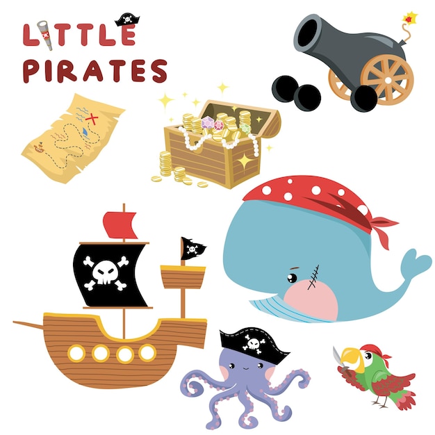 Set of cute little pirates on white background for kids fashion artworks, children books, birthday i