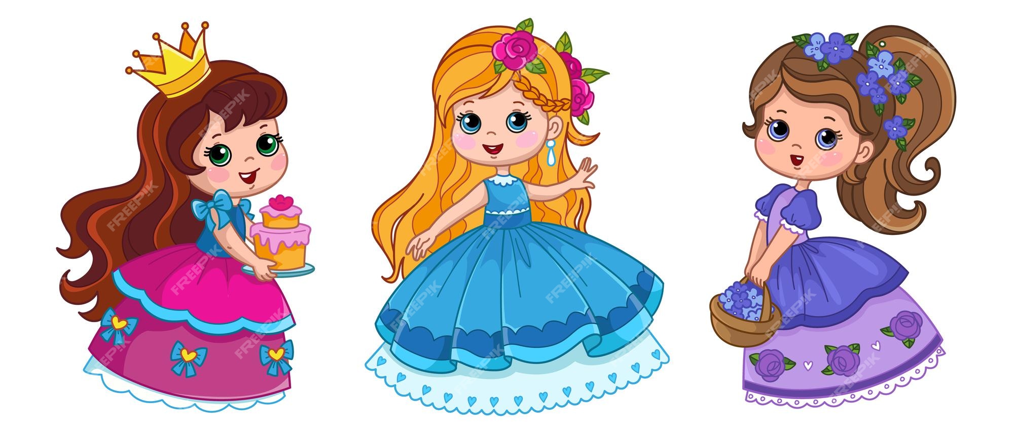 Premium Vector | Set of cute little princesses in puffy ball gowns ...