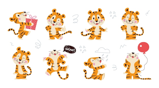 Vector set of cute little tiger characters with gift box air balloon celebrate jump stand smile isolat