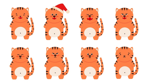 Set of cute little tigers cats in a flat style. animal symbol for chinese new year 2022. an angry sullen orange tiger stands and sits with a fish. for a banner, childrens decor. vector illustration.