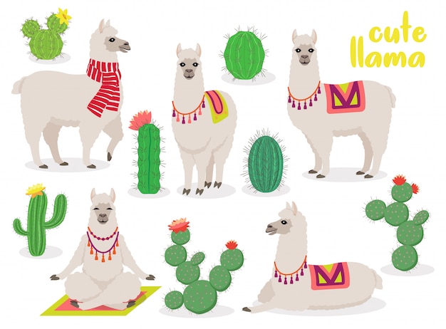 Vector set of cute llamas in different poses