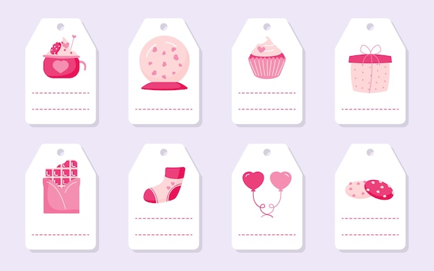 Set of cute love romantic gift tags with pink hearts, cupcake balloon and chocolate. valentines day labels with place for text.