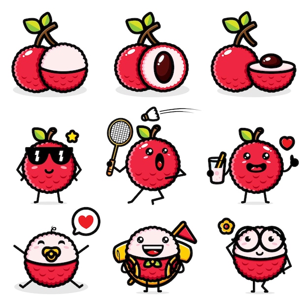 Vector set of cute lychee