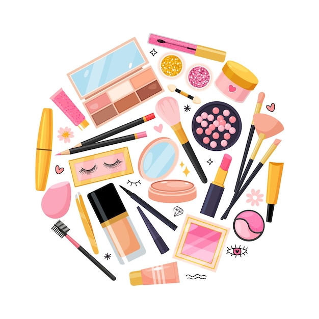 Vector set of cute make up elements collection in round