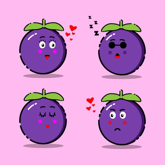 Set of cute mangosteen fruit doodle cartoon characters with four expressions