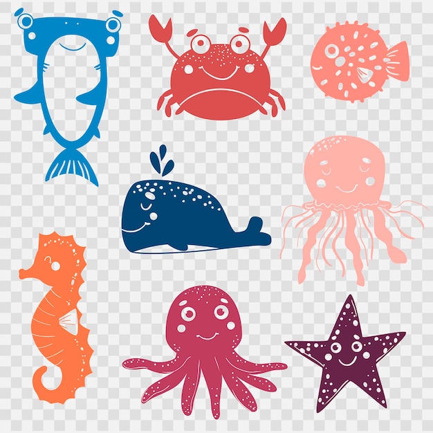 Set of cute marine animals for cutting with a plotter crab shark whale fish ball seahorse octopus