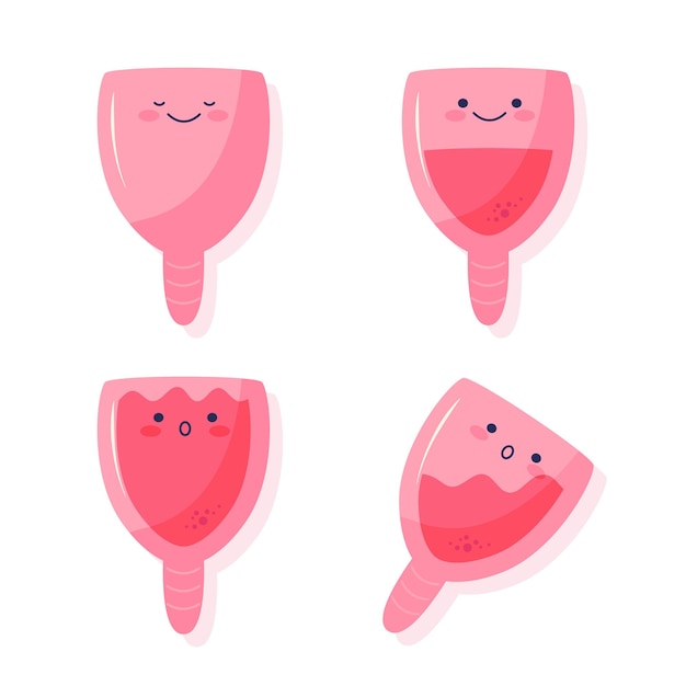 Set of cute menstrual cup characters. Different kinds of silicone cups, empty and full. Illustration for feminine hygiene, medicine, menstruation, zero waste concept. Vector flat cartoon illustration