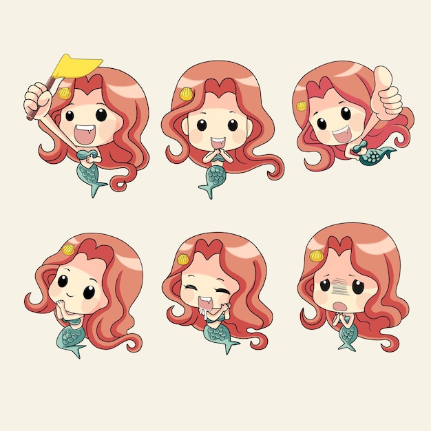 set of cute mermaid gesture and pose cartoon illustration