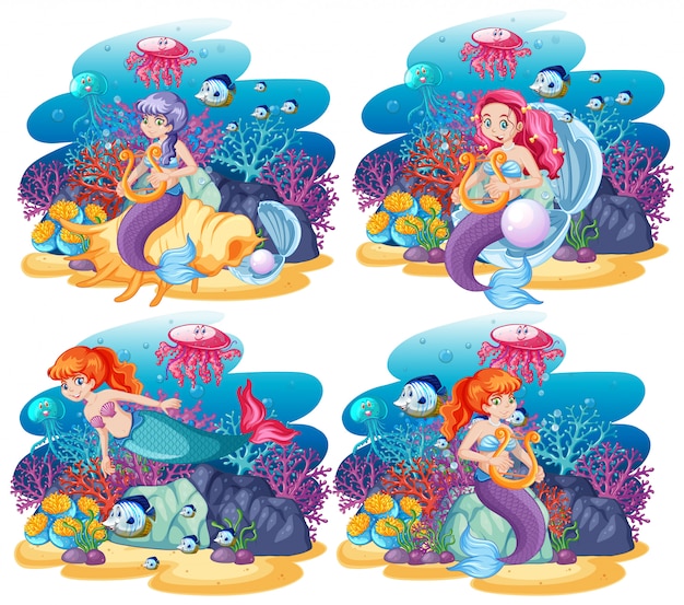 Set of cute mermaid with animal sea theme scene cartoon style