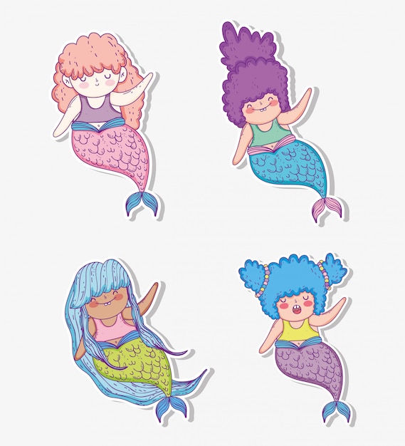 Set cute mermaid woman hairstyle with tail