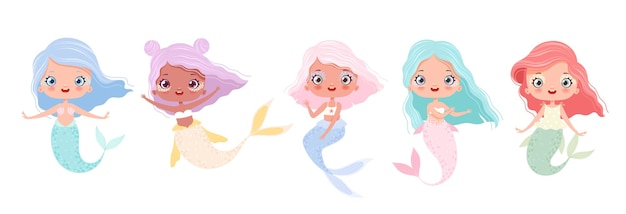 Vector set of cute mermaids in cartoon style fabulous little mermaid isolated on white background