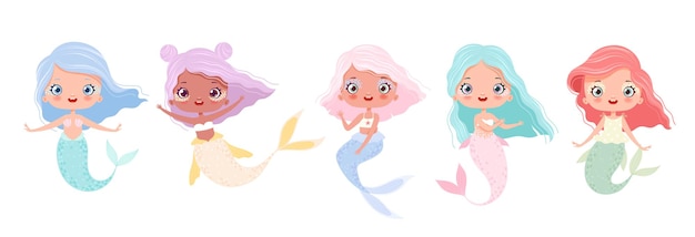 Set of cute mermaids in cartoon style Fabulous little mermaid isolated on white background