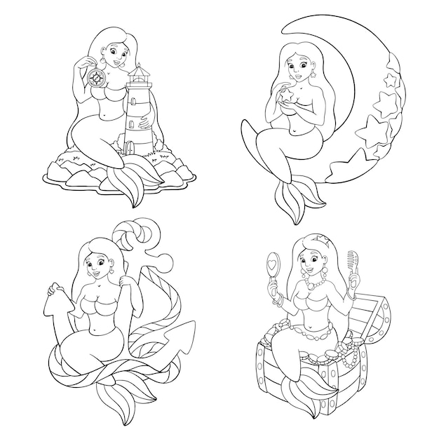 Set di sirene carine pagina da colorare per bambini timbro digitale personaggio in stile cartone animato