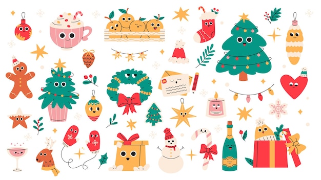 Set of Cute Merry Christmas and Happy New Year Illustrations or stickers