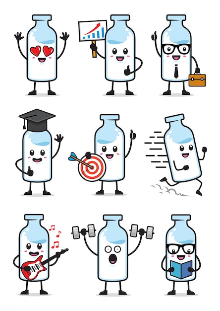 Set di illustrazione di design del personaggio di latte carino