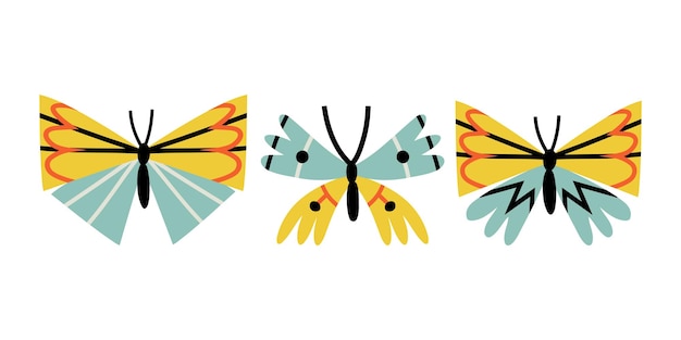 Vector set of cute minimalistic butterflies in trendy flat style simple forms vector illustration