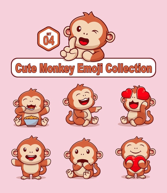 Set of cute monkey character in various poses sticker vector cartoon illustration