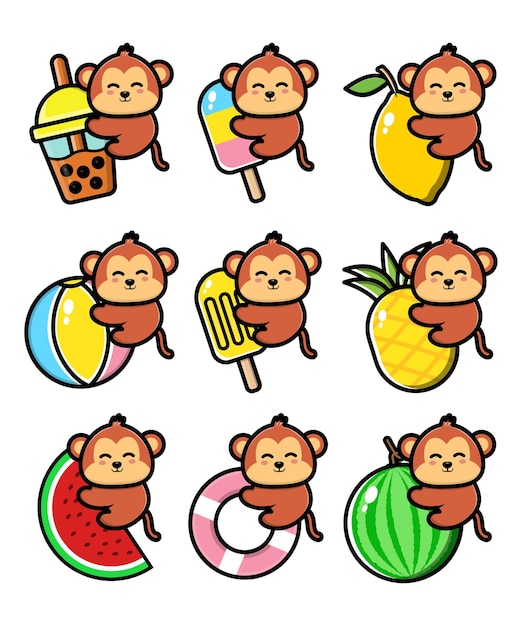 Set cute monkey with summer concept