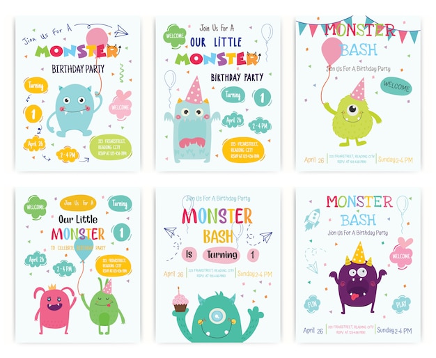 Vector set of cute monster happy birthday party invitation card