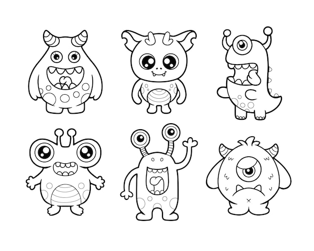 Set of cute monsters character printable coloring page