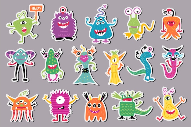 Vector set of cute monsters in the form of a stickers.