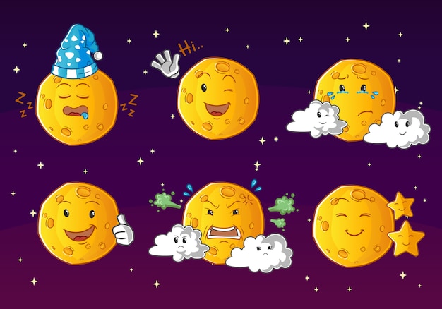 Set of cute moon cartoon character