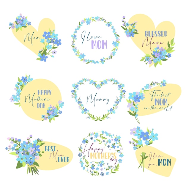 Set of cute mother's day icons and cards happy mother's day i love mom forgetmenot flowers