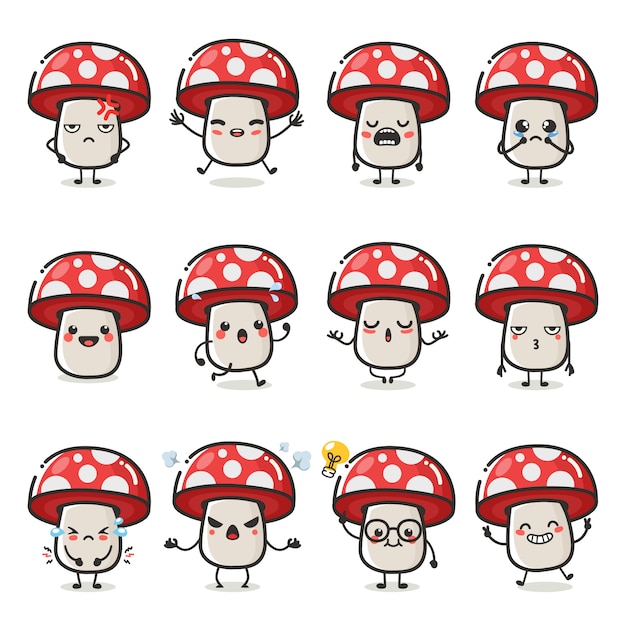 Set of cute mushroom character in different action emotion