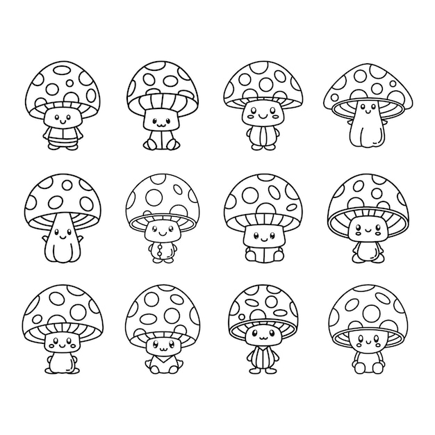 Set of cute mushroom line art