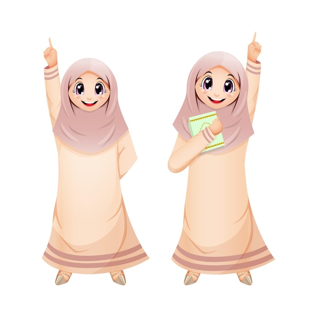 Set of cute muslim girls pointing up with quran book