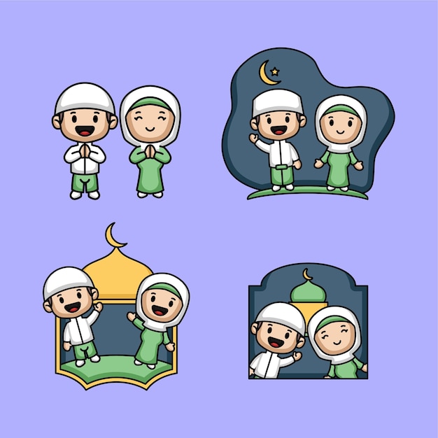 Set of cute muslim kids in ramadhan kareem