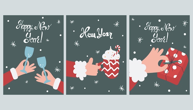 Set di simpatiche carte di capodanno. celebrare il natale. illustrazione in stile cartone animato.