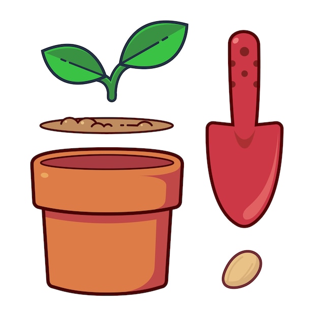 Vector set of cute objects about the garden starter plants grow kit for planting the seed planting trees