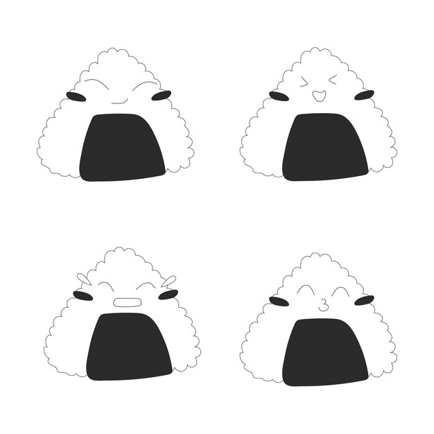 Set of cute onigiri in seaweed face with emotions isolated illustration japanese food