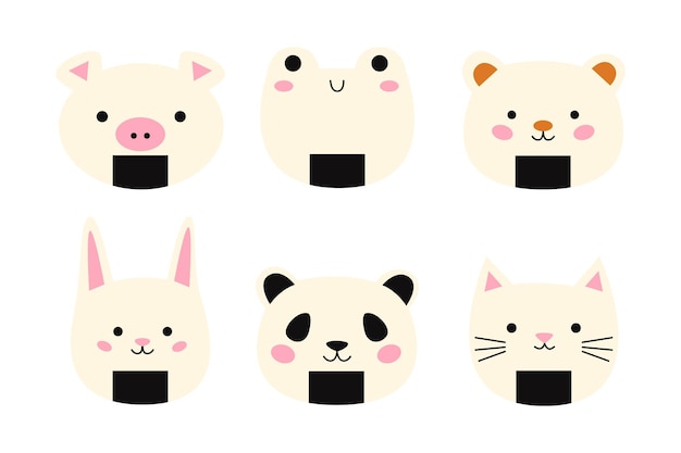 Vector set cute onigiri with smiling face and pink cheeks kawaii onigiri japanese traditional cuisine dishes