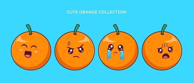 set of cute orange with various expression on white background isolated flat vector illustration