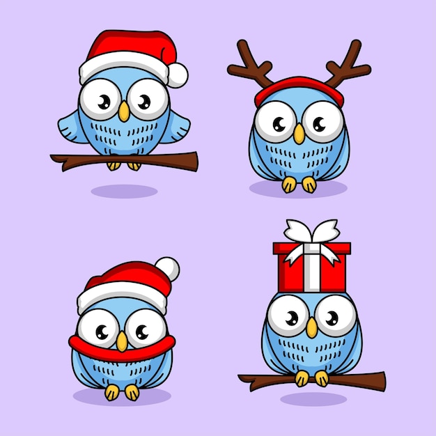Set di simpatici gufi con costume natalizio e decorazioni