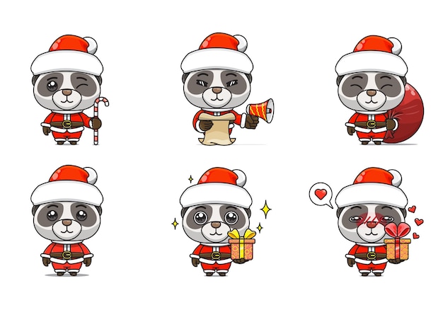 Impostare simpatico panda in costume di natale animale dei cartoni animati in costume di babbo natale vista frontale sei pose