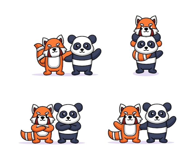 귀여운 팬더와 레드 팬더 마스코트 디자인 세트