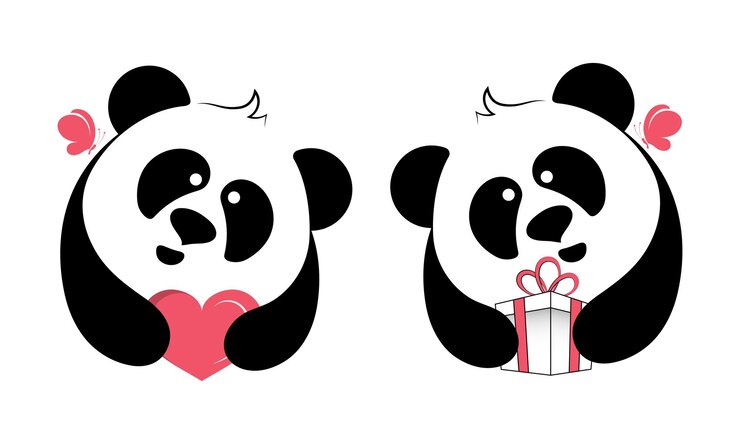 Vector set of cute pandas with a heart and a gift