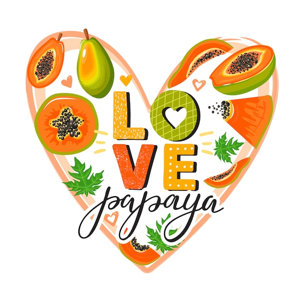Set di simpatici frutti di papaia e scritte alla moda a forma di cuore