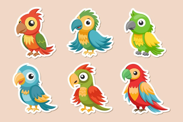 set of cute parrots childrens stickers collection cute cartoon macaw birds illustration print