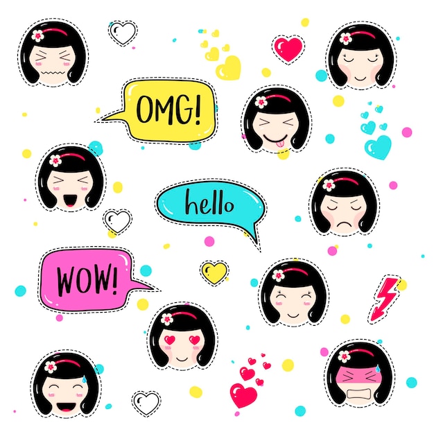 Set di distintivi patch carino. emoji ragazza con diverse emozioni e acconciature. emoticon kawaii, fumetti: omg, ciao, wow. set di adesivi, spille in stile anime. illustrazione vettoriale isolato.