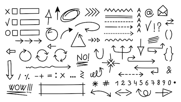 Set di simpatici elementi doodle linea penna vettore collezione in stile doodle disegnato a mano