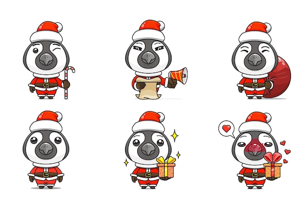 Установите милый пингвин в рождественском костюме, мультяшное животное в костюме санта, вид спереди, шесть поз