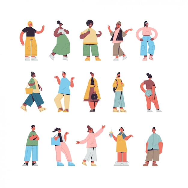 Vector set cute people in casual trendy clothes mix race men women standing in different poses