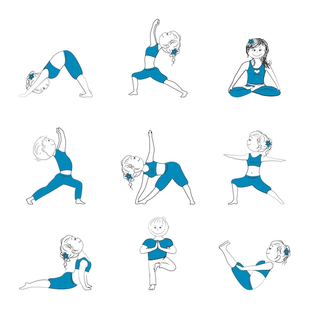 Set of Cute people in yoga poses cartoon characters isolated on white background vector illustration