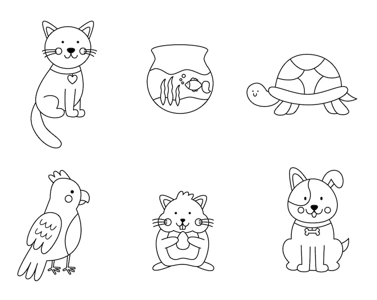 漫画のスタイルのかわいいペットのセット 子供のためのぬりえページ